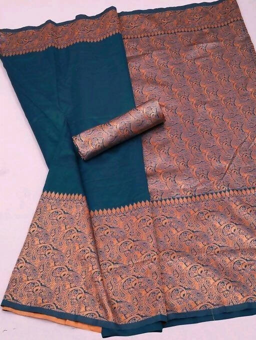 DEIANA'S Beautiful Designer Golden zari Soft Lichi Silk Saree - Teal