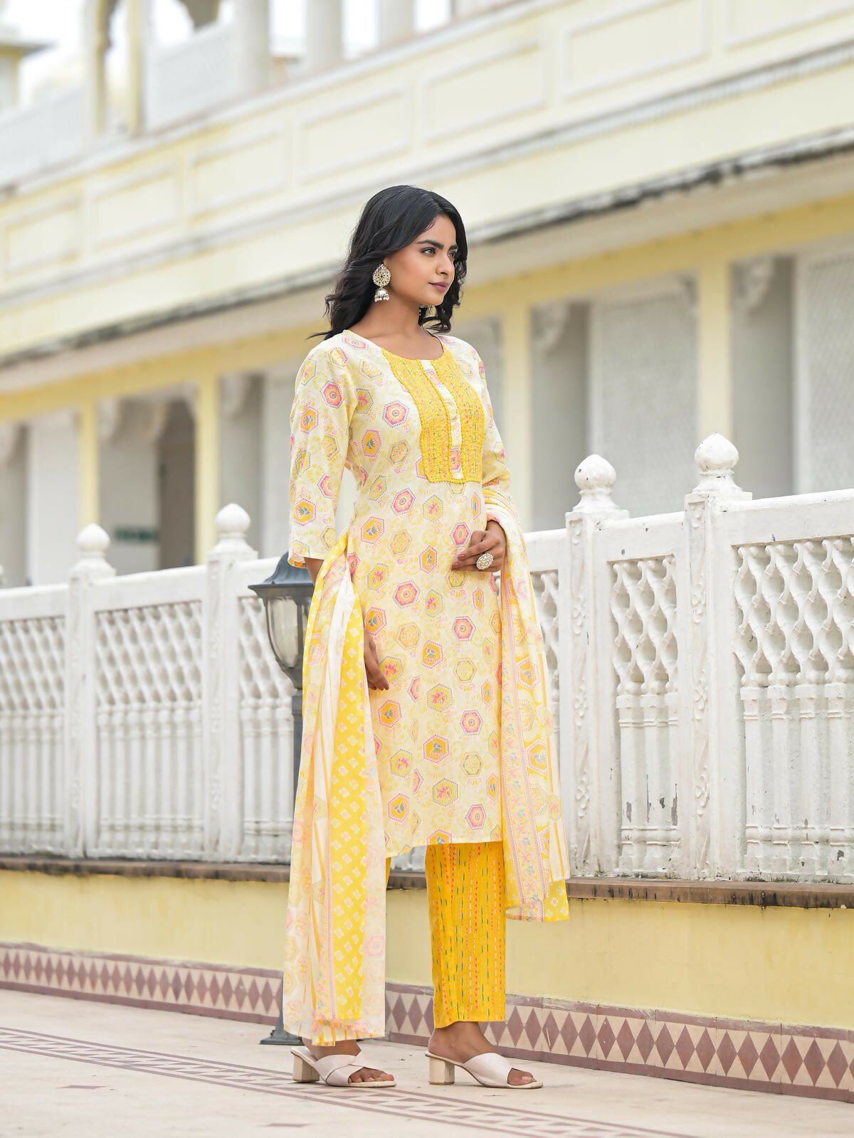 Juniper Women's Yellow Floral Printed Cotton Kurta Pant With Dupatta Set With Sequins & Thread Work
