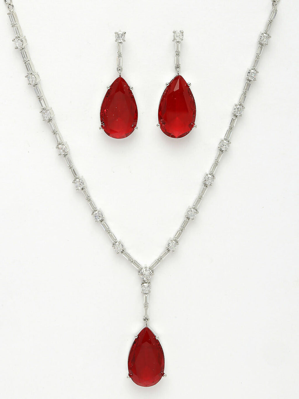 NVR Women's Silver-Plated Red Artificial Stones Studded Handcrafted Jewellery Set