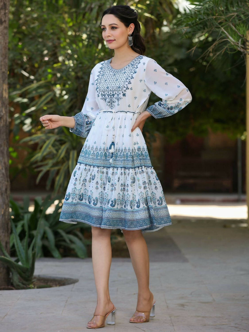 Juniper Women Off-White Georgette Printed Short Tiered Dress with Embroidered Yoke - Distacart