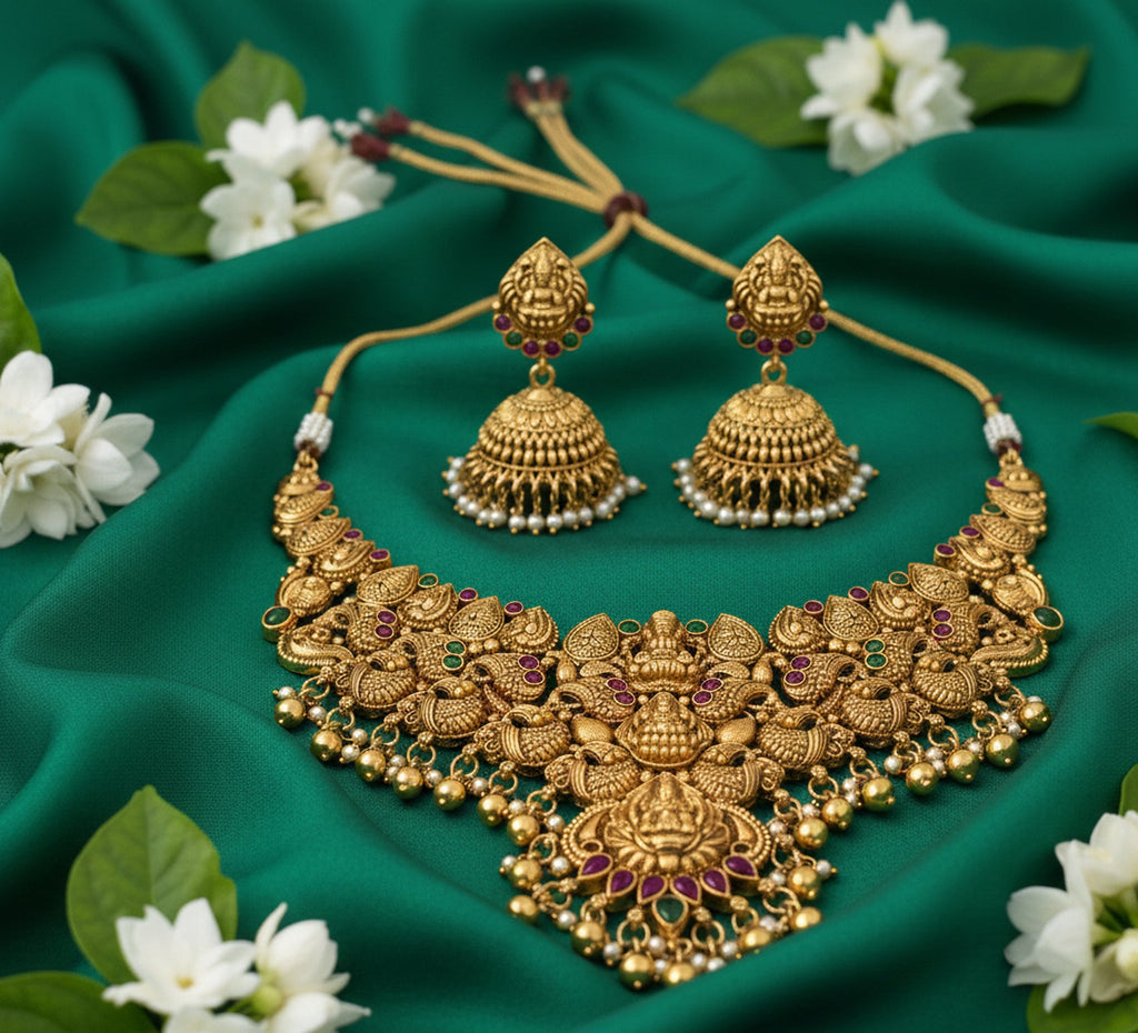 Jewel City Traditional Handcrafted Gold-Plated Temple Necklace Set