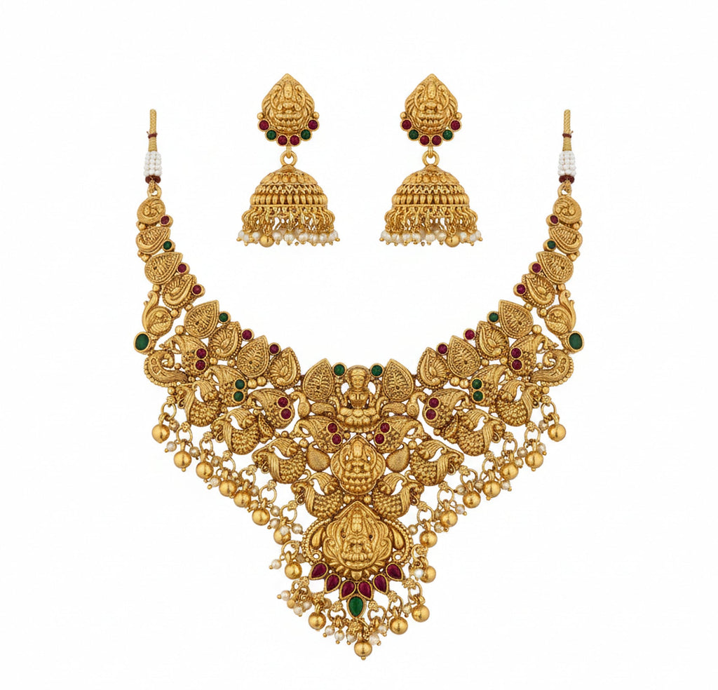 Jewel City Traditional Handcrafted Gold-Plated Temple Necklace Set