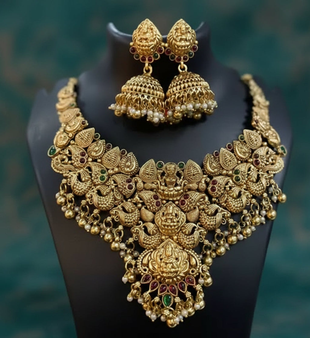 Jewel City Traditional Handcrafted Gold-Plated Temple Necklace Set