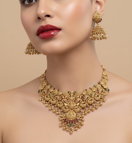 Jewel City Traditional Handcrafted Gold-Plated Temple Necklace Set
