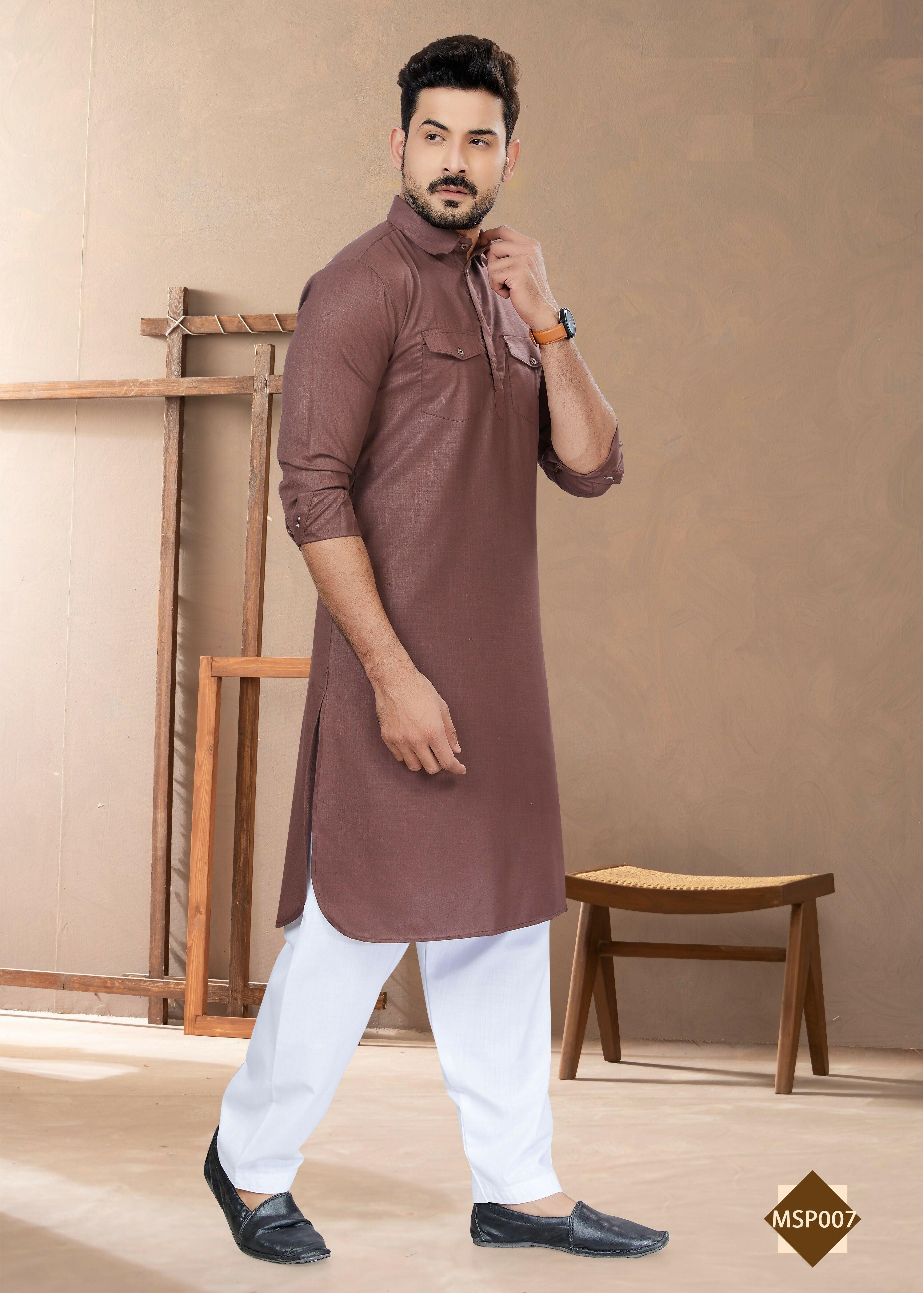 Joban Fashion Men's Light Brown Heavy Cotton Plain Kurta Pyjama set