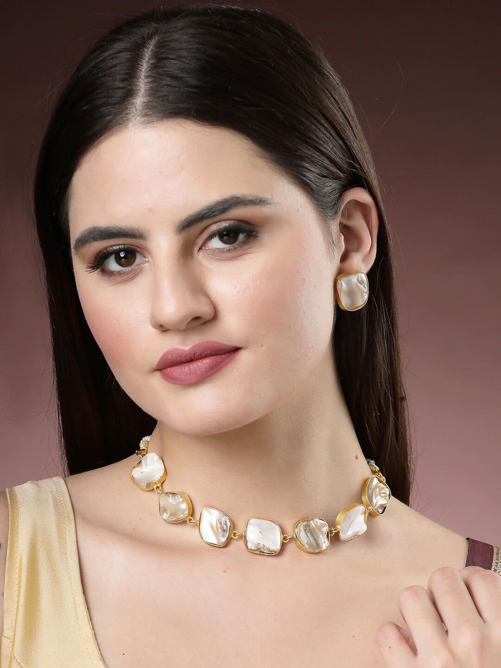 NVR Women's Gold-Polished Mother of Pearl Handcrafted Jewellery Set