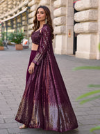 Aarshi Fashions Purple Heavy Georgette Full Stitched Indowestern Crop Top, palazzo & Shrug Set