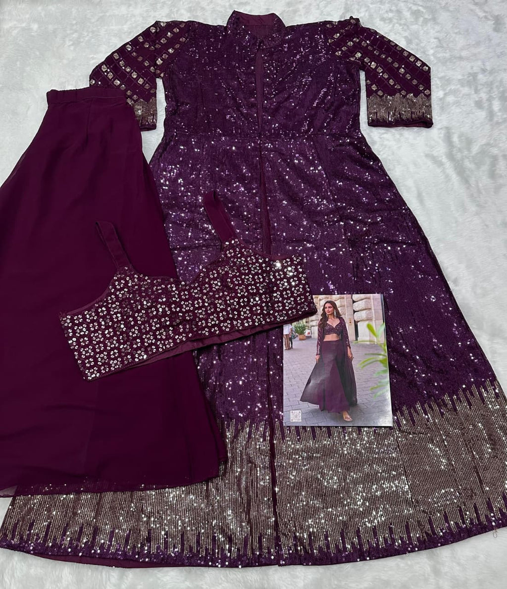 Aarshi Fashions Purple Heavy Georgette Full Stitched Indowestern Crop Top, palazzo & Shrug Set