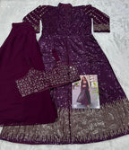 Aarshi Fashions Purple Heavy Georgette Full Stitched Indowestern Crop Top, palazzo & Shrug Set
