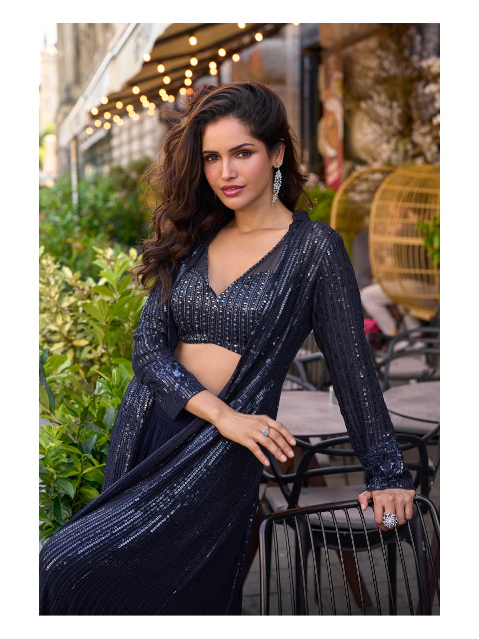 Aarshi Fashions Navy Blue Heavy Georgette Full Stitched Indowestern Crop Top, palazzo & Shrug Set