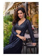 Aarshi Fashions Navy Blue Heavy Georgette Full Stitched Indowestern Crop Top, palazzo & Shrug Set