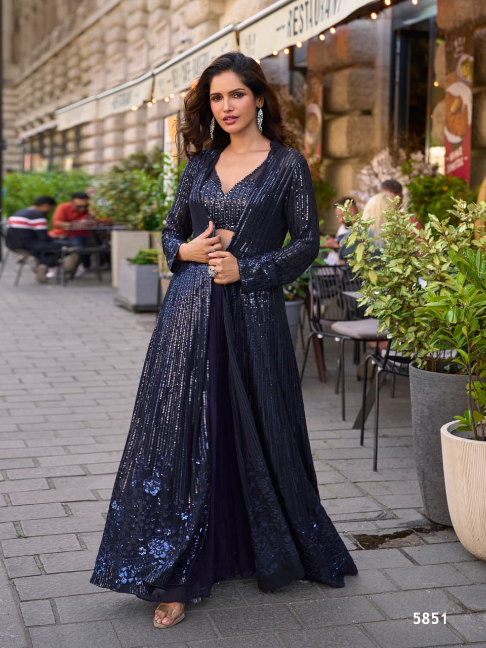 Aarshi Fashions Navy Blue Heavy Georgette Full Stitched Indowestern Crop Top, palazzo & Shrug Set