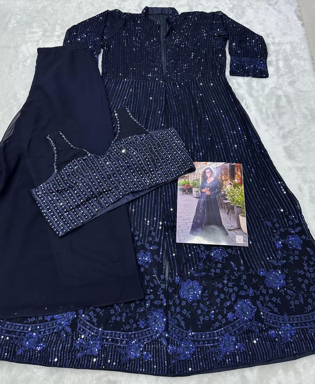 Aarshi Fashions Navy Blue Heavy Georgette Full Stitched Indowestern Crop Top, palazzo & Shrug Set