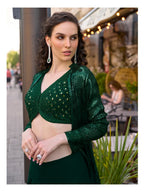 Aarshi Fashions Bottle Green Heavy Georgette Full Stitched Indowestern Crop Top, palazzo & Shrug Set