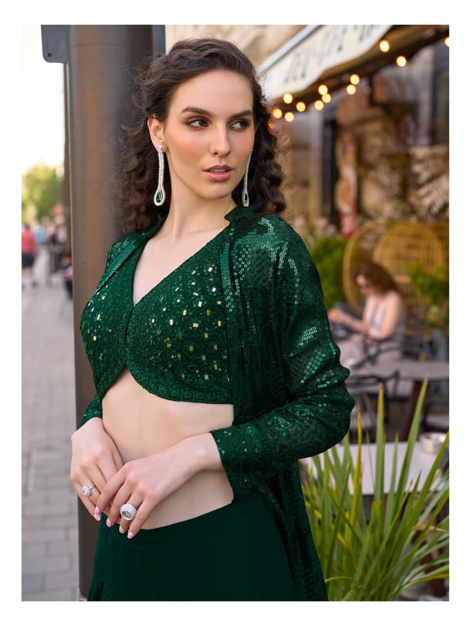 Aarshi Fashions Bottle Green Heavy Georgette Full Stitched Indowestern Crop Top, palazzo & Shrug Set