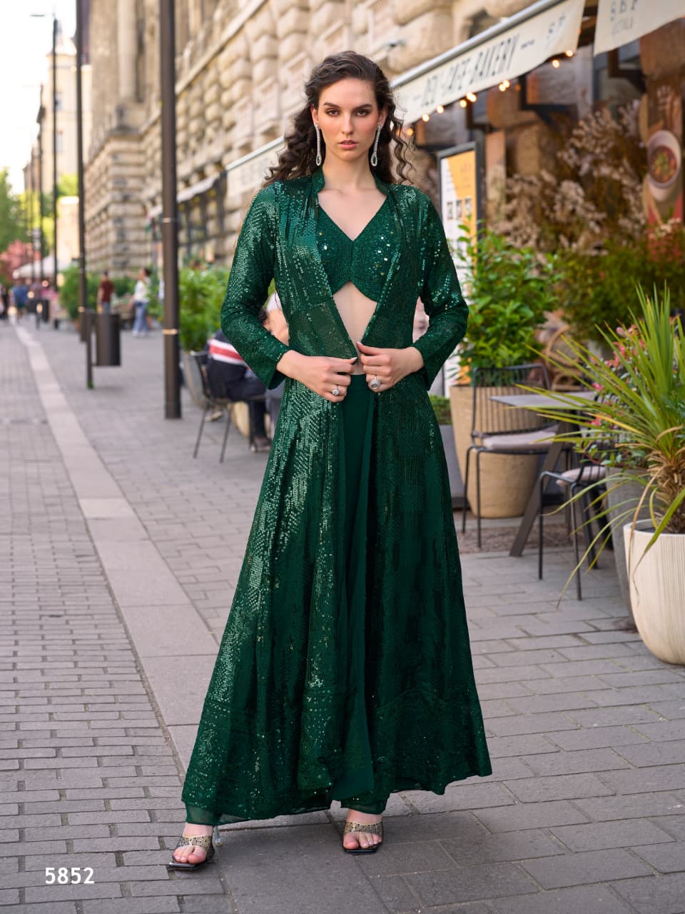 Aarshi Fashions Bottle Green Heavy Georgette Full Stitched Indowestern Crop Top, palazzo & Shrug Set