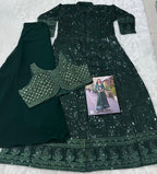 Aarshi Fashions Bottle Green Heavy Georgette Full Stitched Indowestern Crop Top, palazzo & Shrug Set