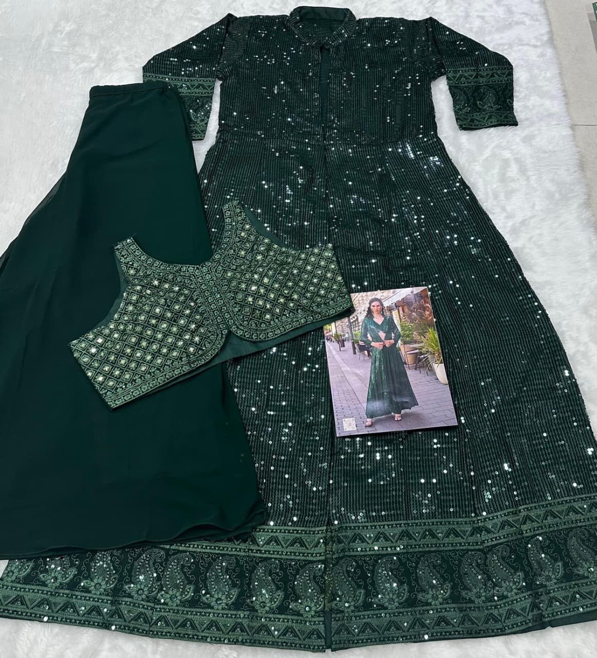 Aarshi Fashions Bottle Green Heavy Georgette Full Stitched Indowestern Crop Top, palazzo & Shrug Set
