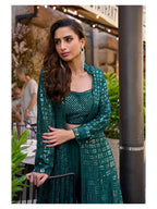 Aarshi Fashions Teal Green Heavy Georgette Full Stitched Indowestern Crop Top, palazzo & Shrug Set