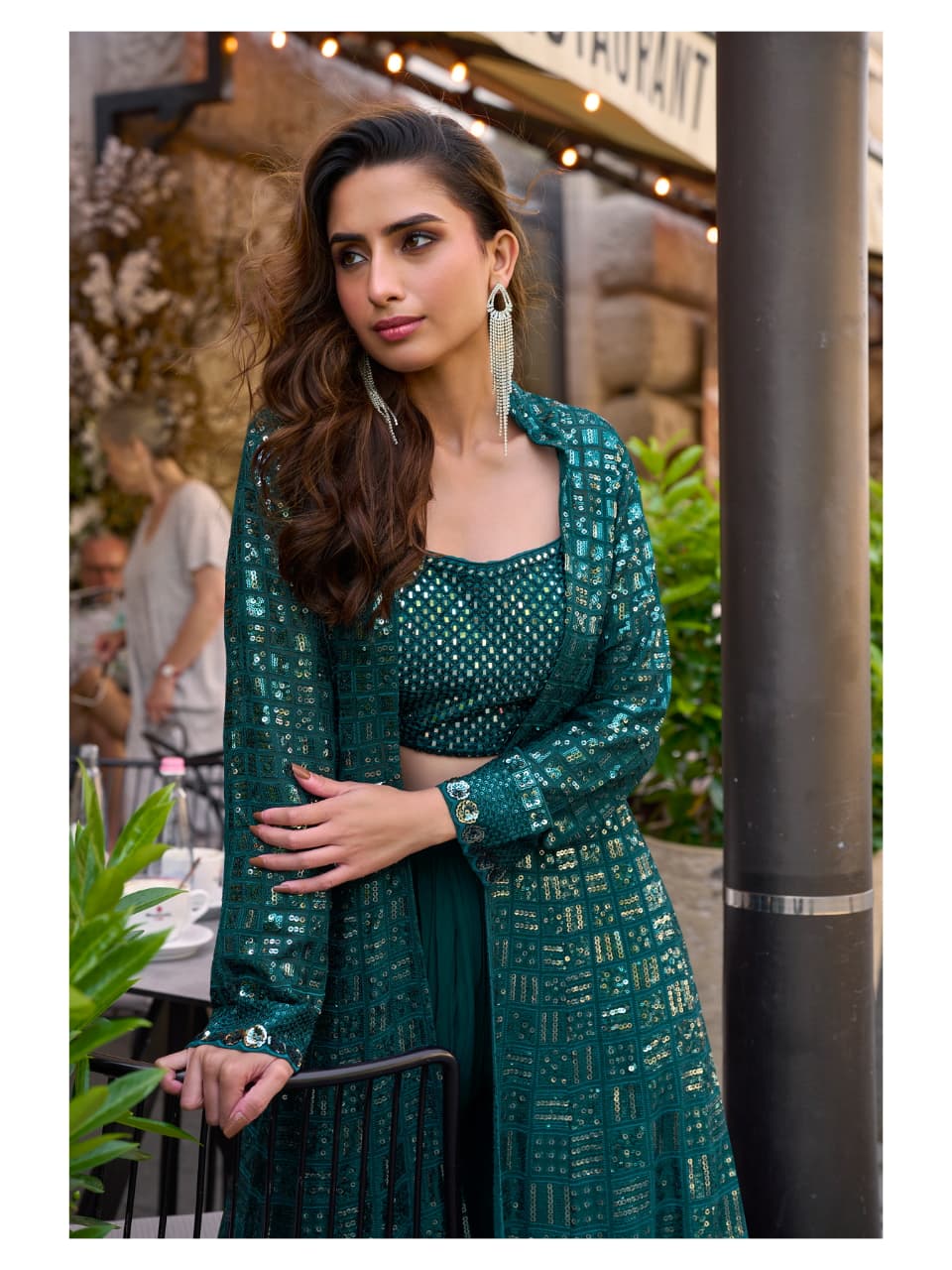 Aarshi Fashions Teal Green Heavy Georgette Full Stitched Indowestern Crop Top, palazzo & Shrug Set