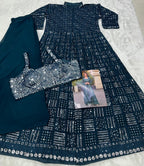 Aarshi Fashions Teal Green Heavy Georgette Full Stitched Indowestern Crop Top, palazzo & Shrug Set