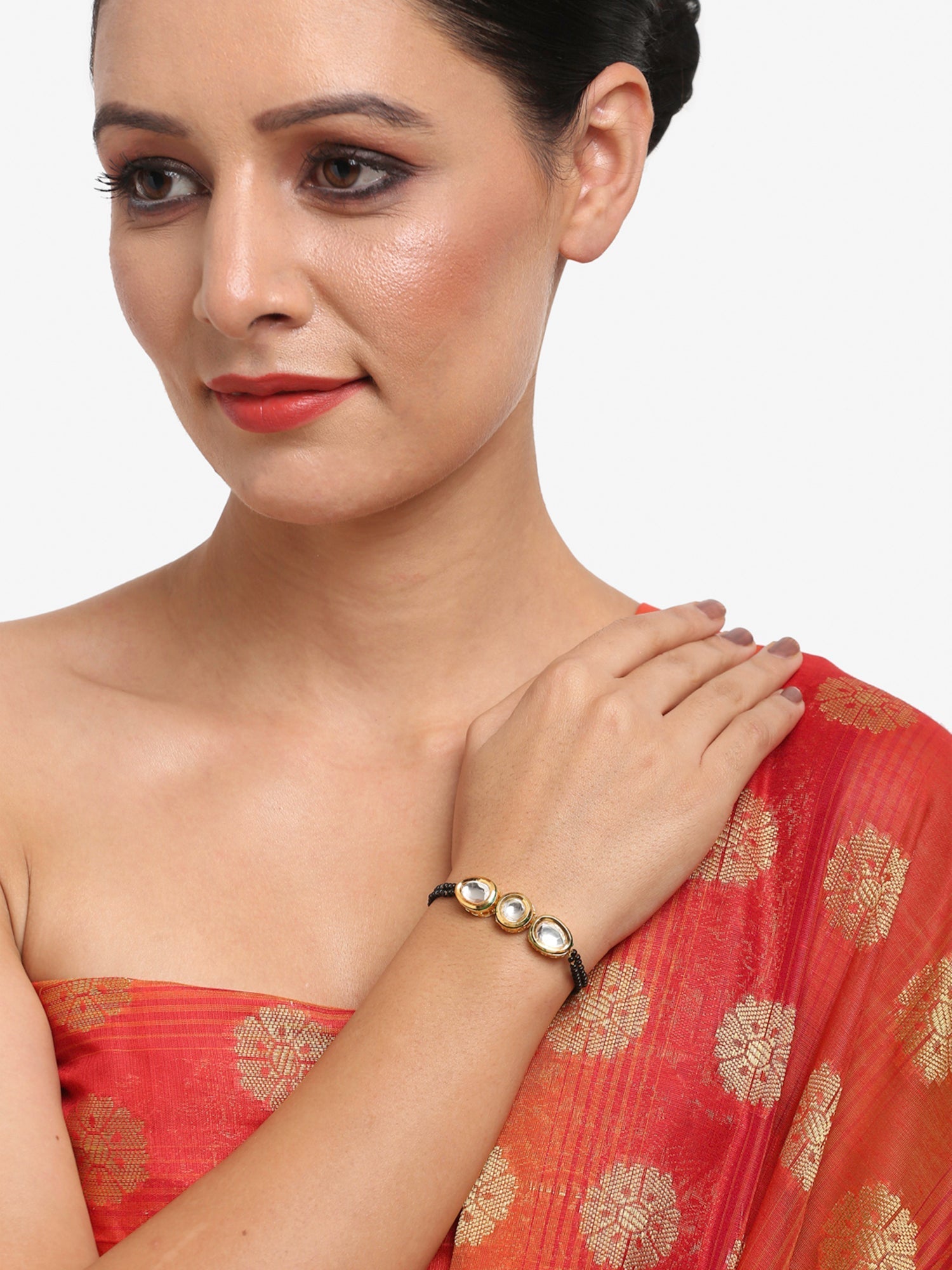 Women's Gold-Plated Black Beaded Kundan Mangalsutra Bracelet - Ruby Raang - Distacart
