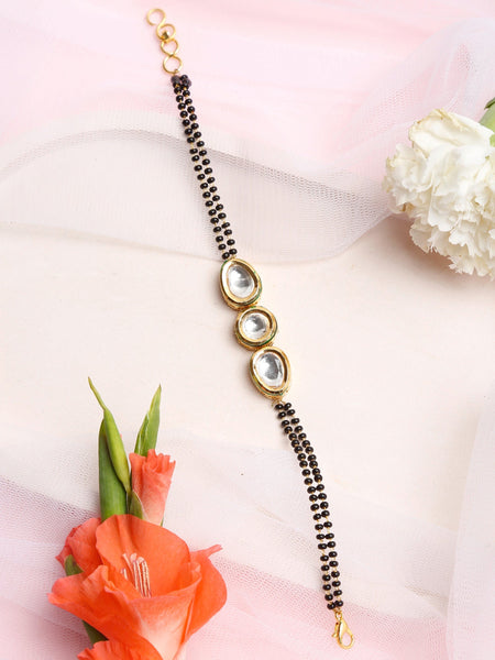 Women's Gold-Polished Black Beaded Kundan Mangalsutra Bracelet - Ruby Raang