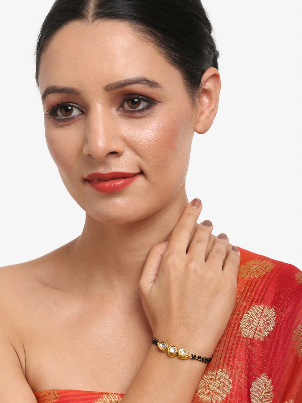 Black Gold-Toned Kundan Bracelet Mangalsutra - Ruby Raang - Distacart
