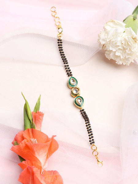 Black Gold-Polished Kundan Bracelet Mangalsutra - Ruby Raang