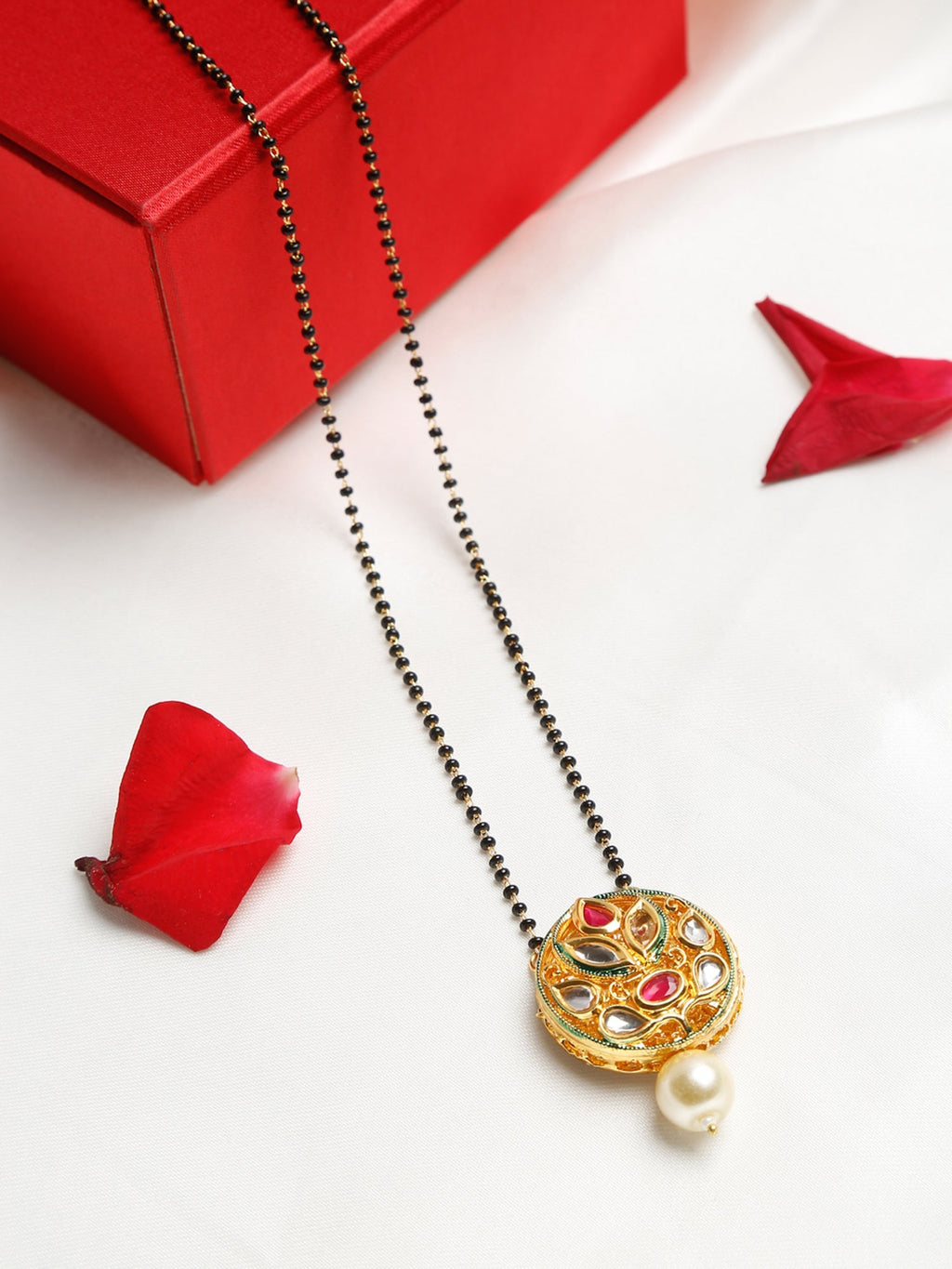 Gold-Plated Black Beaded White Kundan Studded Mangalsutra - Ruby Raang - Distacart