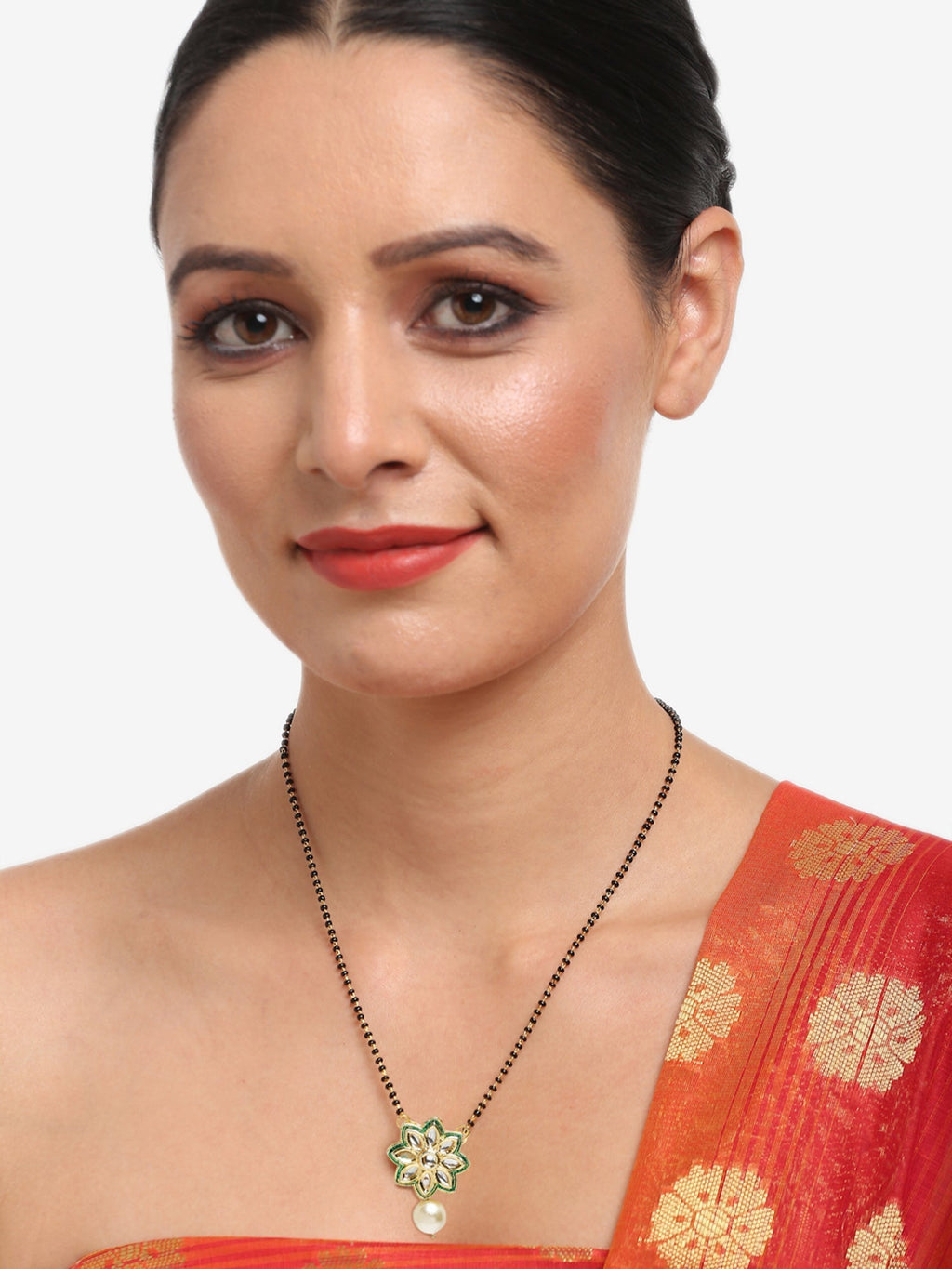 Gold-Plated Black Beaded White Kundan Studded Handcrafted Mangalsutra - Ruby Raang - Distacart