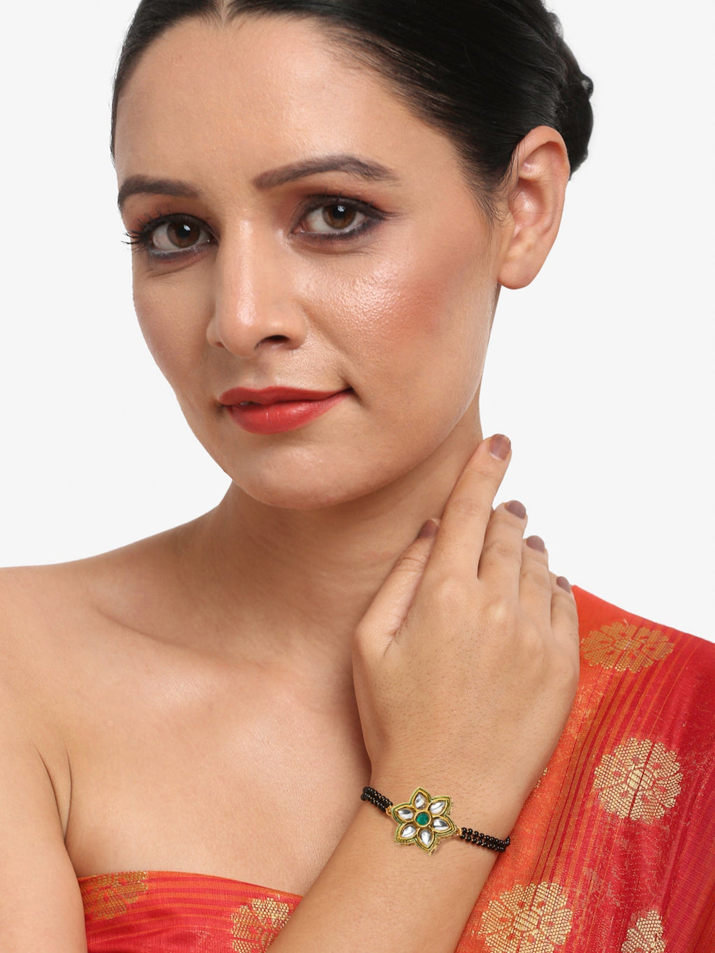 Black Gold-Plated Kundan Studded Mangalsutra Bracelet - Ruby Raang - Distacart