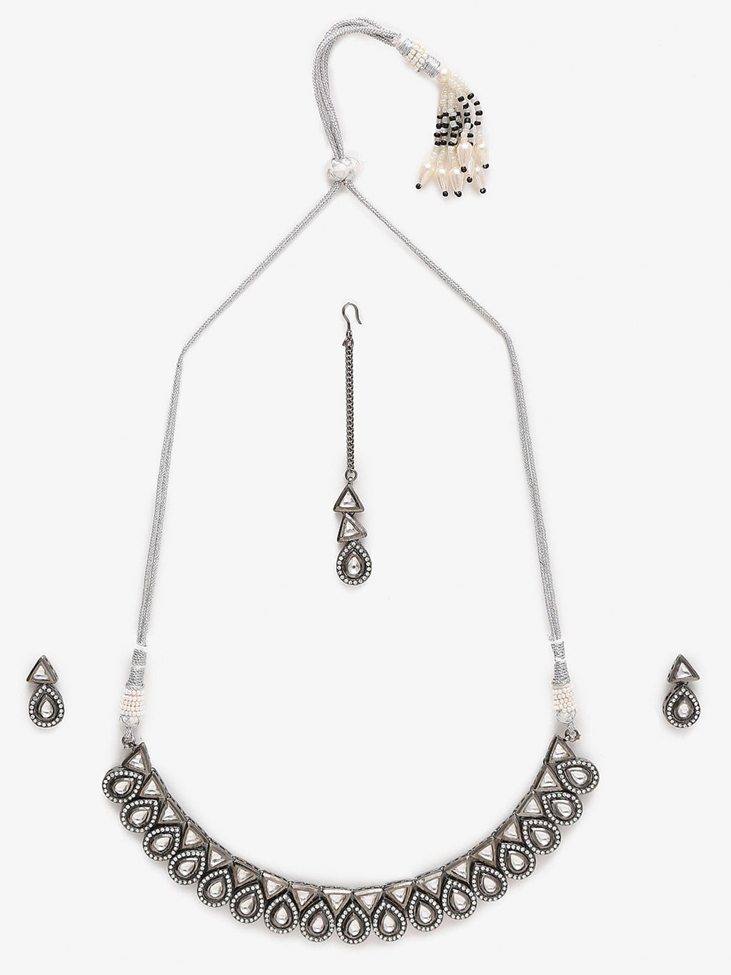 Silver Kundan Choker With Earrings And Maang Tikka - Ruby Raang - Distacart