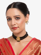 Gold-Plated White Black Kundan-Studded Beaded Handcrafted Jewellery Set - Ruby Raang - Distacart