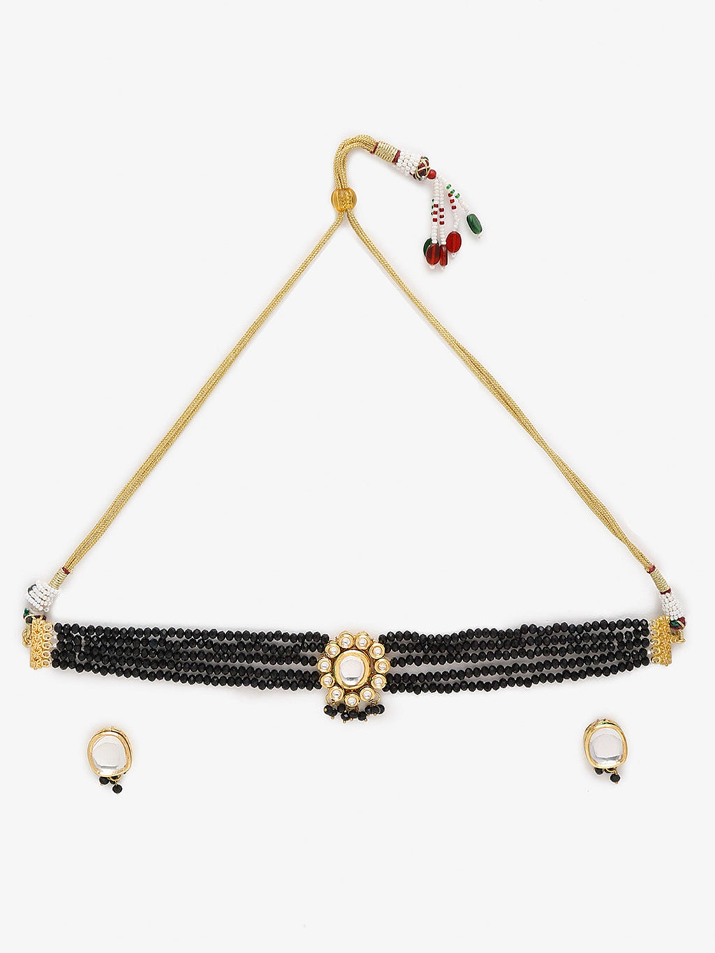 Gold-Plated White Black Kundan-Studded Beaded Handcrafted Jewellery Set - Ruby Raang - Distacart