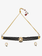 Gold-Plated White Black Kundan-Studded Beaded Handcrafted Jewellery Set - Ruby Raang - Distacart