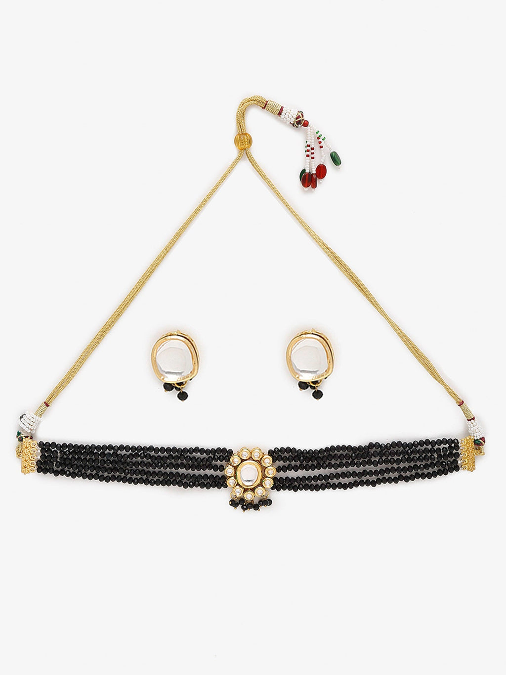 Gold-Plated White Black Kundan-Studded Beaded Handcrafted Jewellery Set - Ruby Raang - Distacart