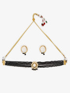 Gold-Plated White Black Kundan-Studded Beaded Handcrafted Jewellery Set - Ruby Raang - Distacart