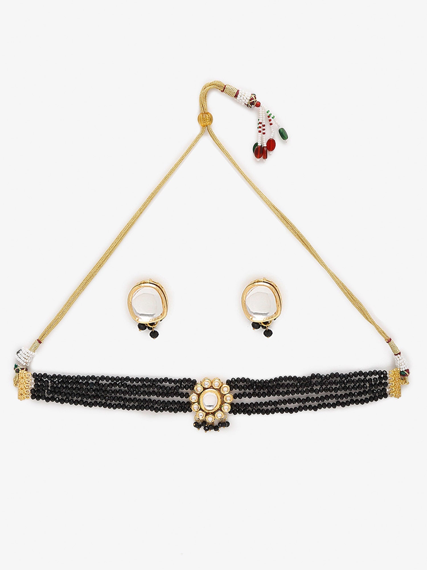 Gold-Plated White Black Kundan-Studded Beaded Handcrafted Jewellery Set - Ruby Raang - Distacart
