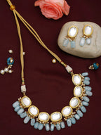 Gold-Plated White Blue Kundan-Studded Pearl Beaded Handcrafted Jewellery Set - Ruby Raang - Distacart