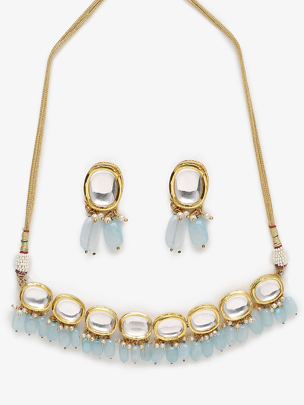 Gold-Plated White Blue Kundan-Studded Pearl Beaded Handcrafted Jewellery Set - Ruby Raang - Distacart