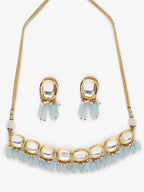 Gold-Plated White Blue Kundan-Studded Pearl Beaded Handcrafted Jewellery Set - Ruby Raang - Distacart