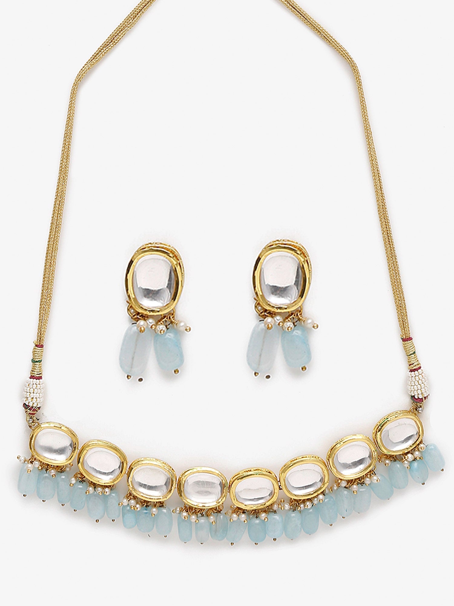 Gold-Plated White Blue Kundan-Studded Pearl Beaded Handcrafted Jewellery Set - Ruby Raang - Distacart