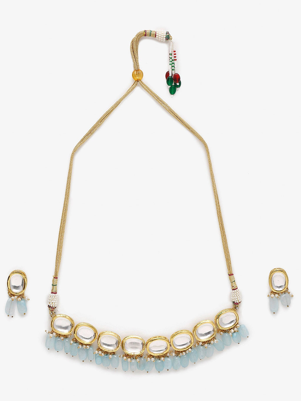 Gold-Plated White Blue Kundan-Studded Pearl Beaded Handcrafted Jewellery Set - Ruby Raang - Distacart