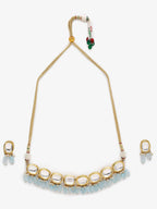 Gold-Plated White Blue Kundan-Studded Pearl Beaded Handcrafted Jewellery Set - Ruby Raang - Distacart
