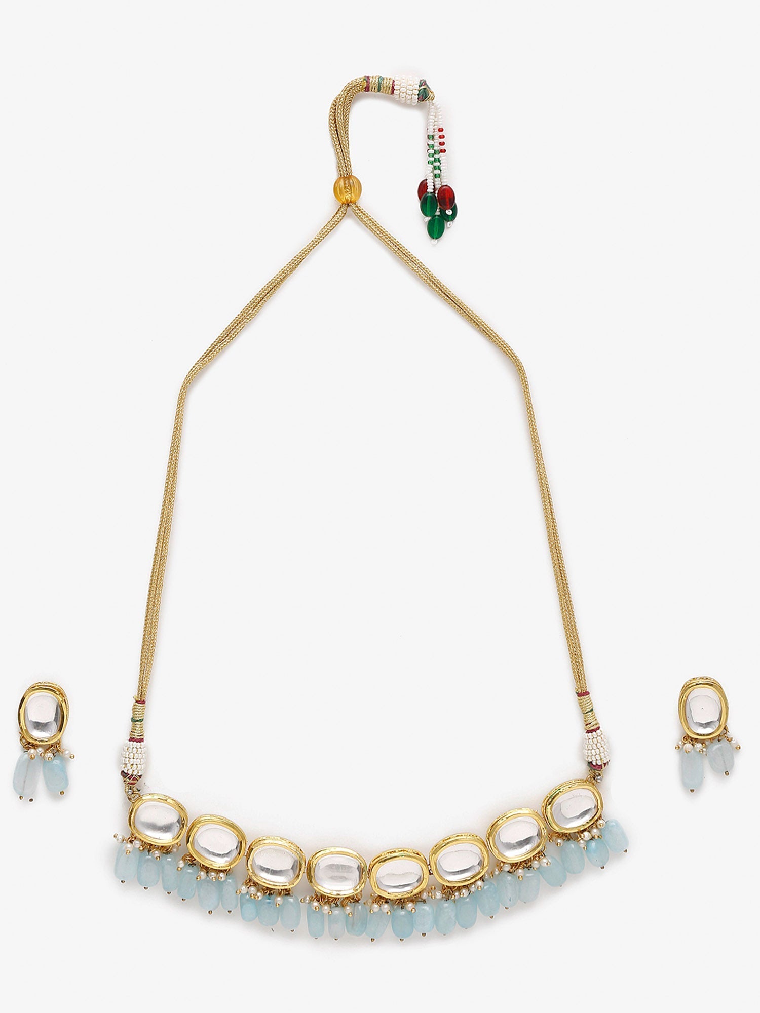 Gold-Plated White Blue Kundan-Studded Pearl Beaded Handcrafted Jewellery Set - Ruby Raang - Distacart