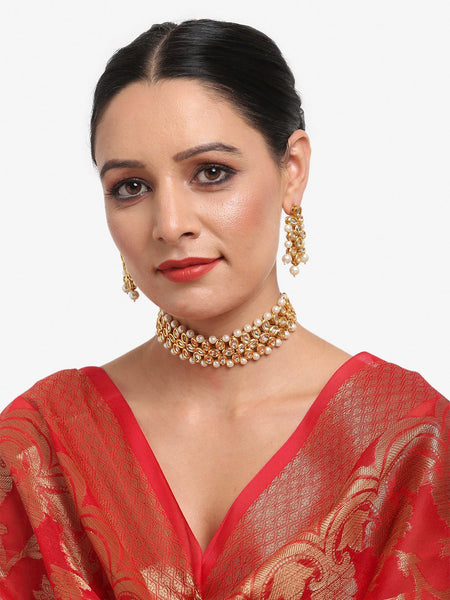 Gold-Polished White Kundan-Studded Pearls Beaded Handcrafted Jewellery Set - Ruby Raang