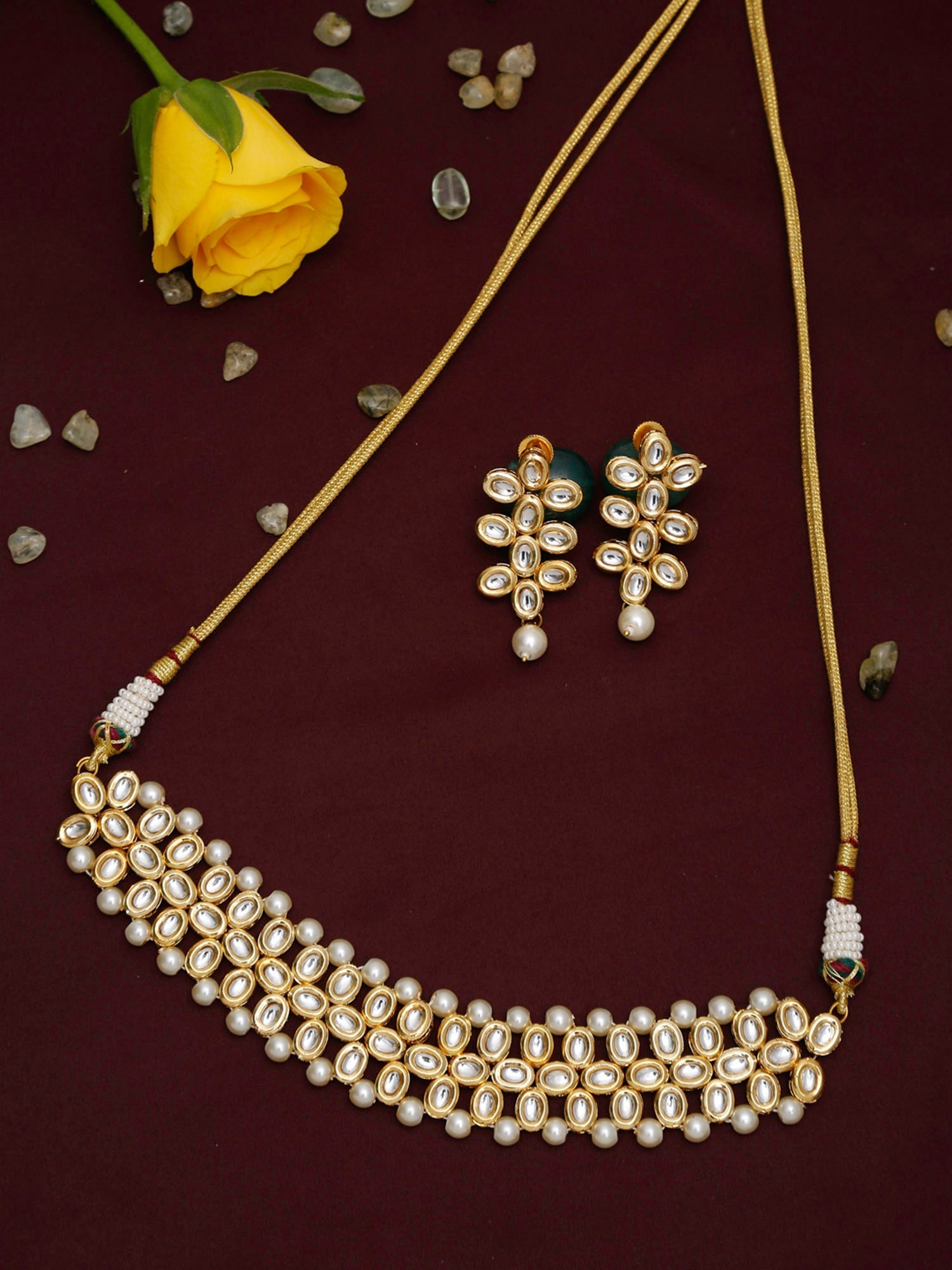 Gold-Plated White Kundan-Studded Pearls Beaded Handcrafted Jewellery Set - Ruby Raang - Distacart