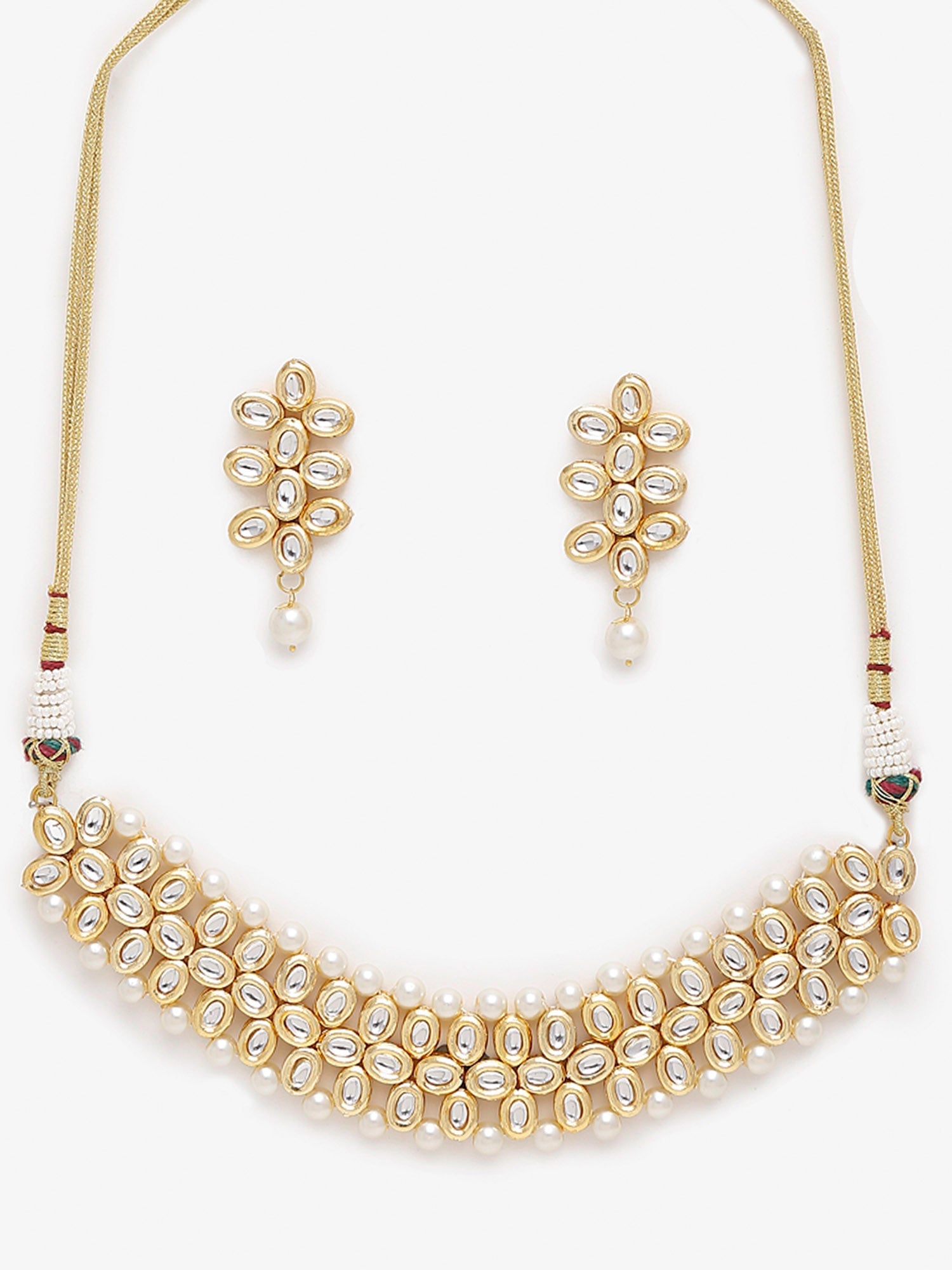Gold-Plated White Kundan-Studded Pearls Beaded Handcrafted Jewellery Set - Ruby Raang - Distacart