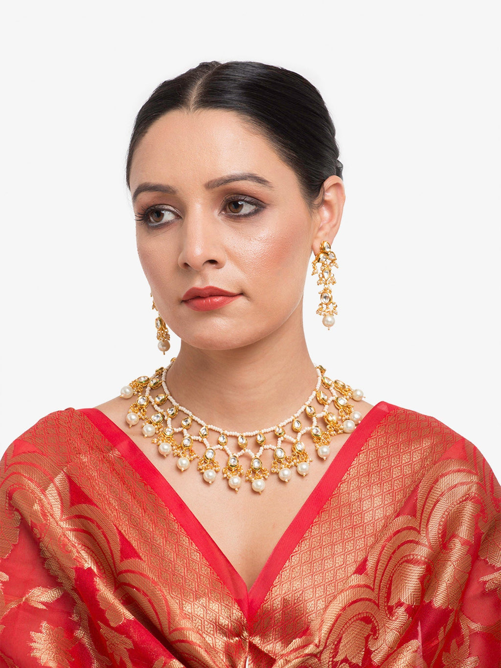 Gold-Plated White Kundan Stone Studded Jewellery Set - Ruby Raang - Distacart